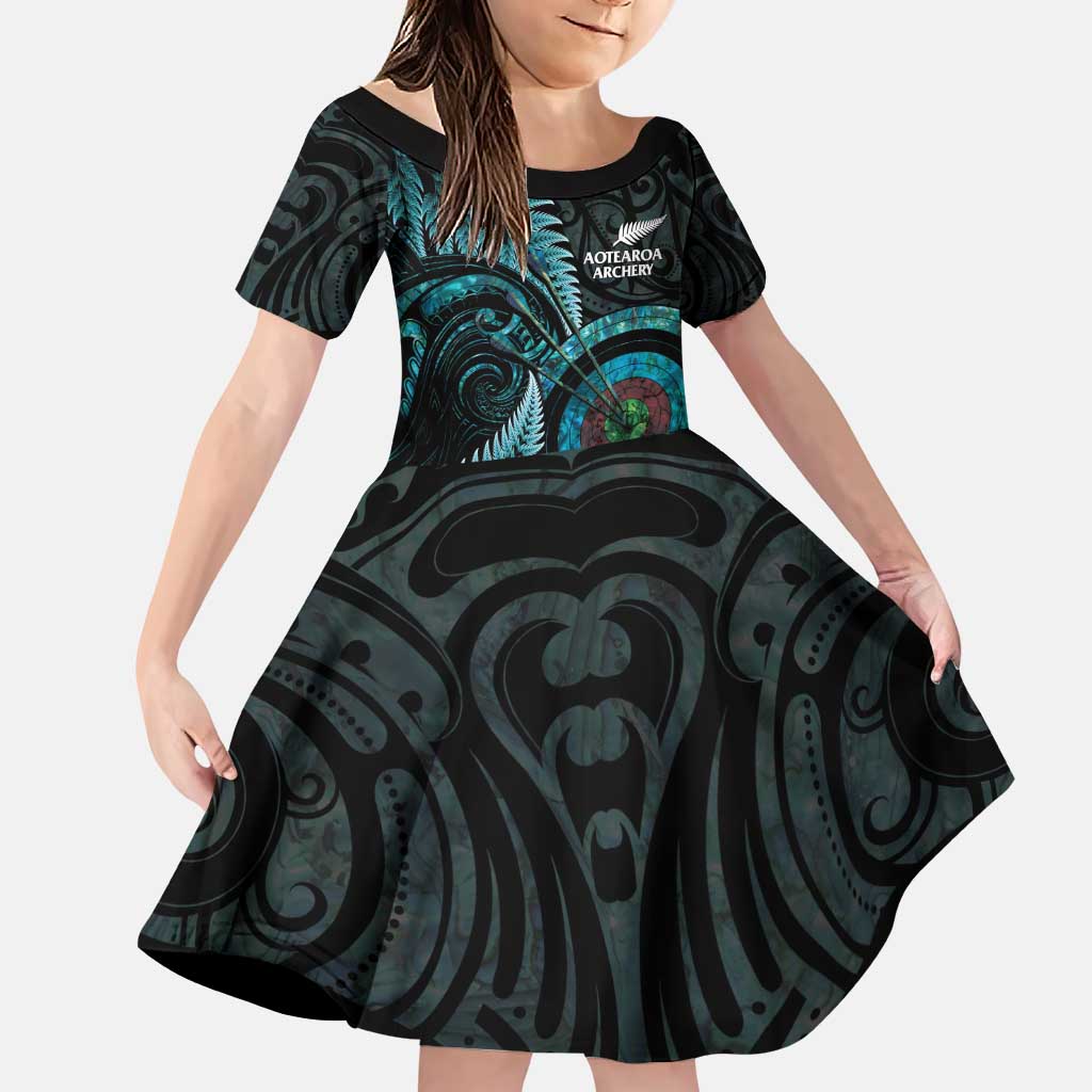 New Zealand Archery Family Matching Puletasi and Hawaiian Shirt Aotearoa Silver Fern Maori LT14 Daughter's Dress Turquoise - Polynesian Pride