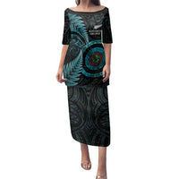 New Zealand Archery Family Matching Puletasi and Hawaiian Shirt Aotearoa Silver Fern Maori LT14 Mom's Dress Turquoise - Polynesian Pride