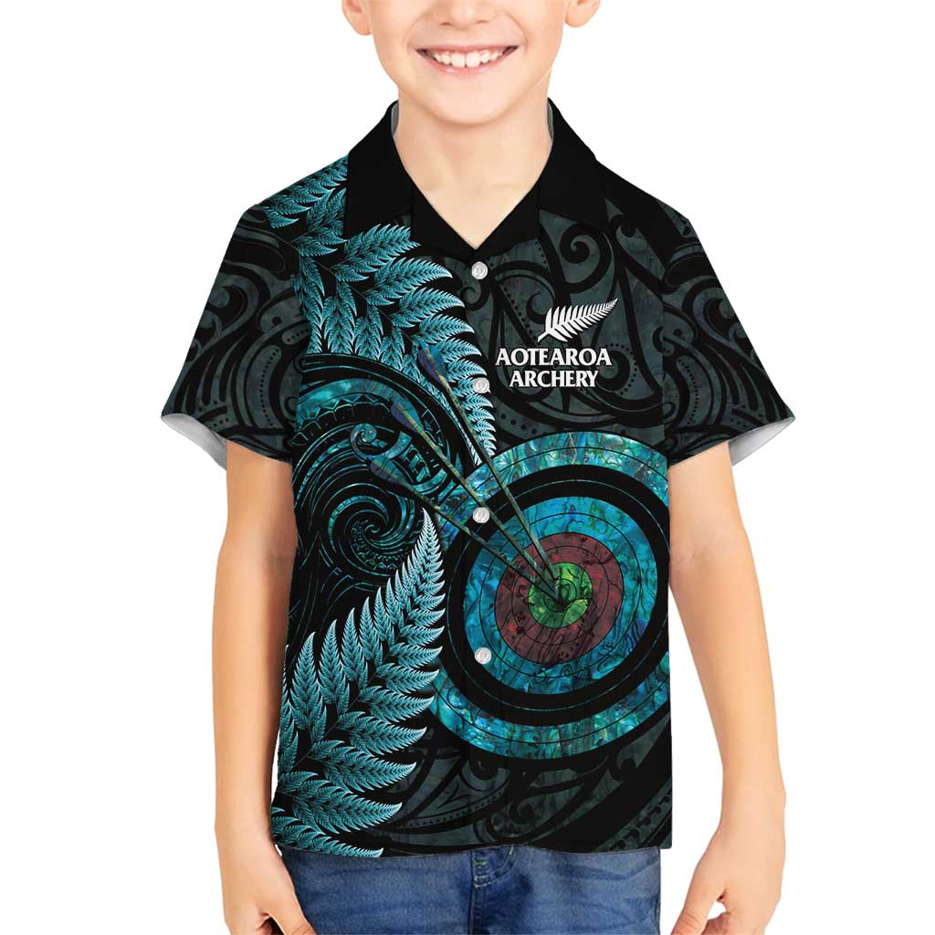 New Zealand Archery Family Matching Summer Maxi Dress and Hawaiian Shirt Aotearoa Silver Fern Maori LT14 Son's Shirt Turquoise - Polynesian Pride