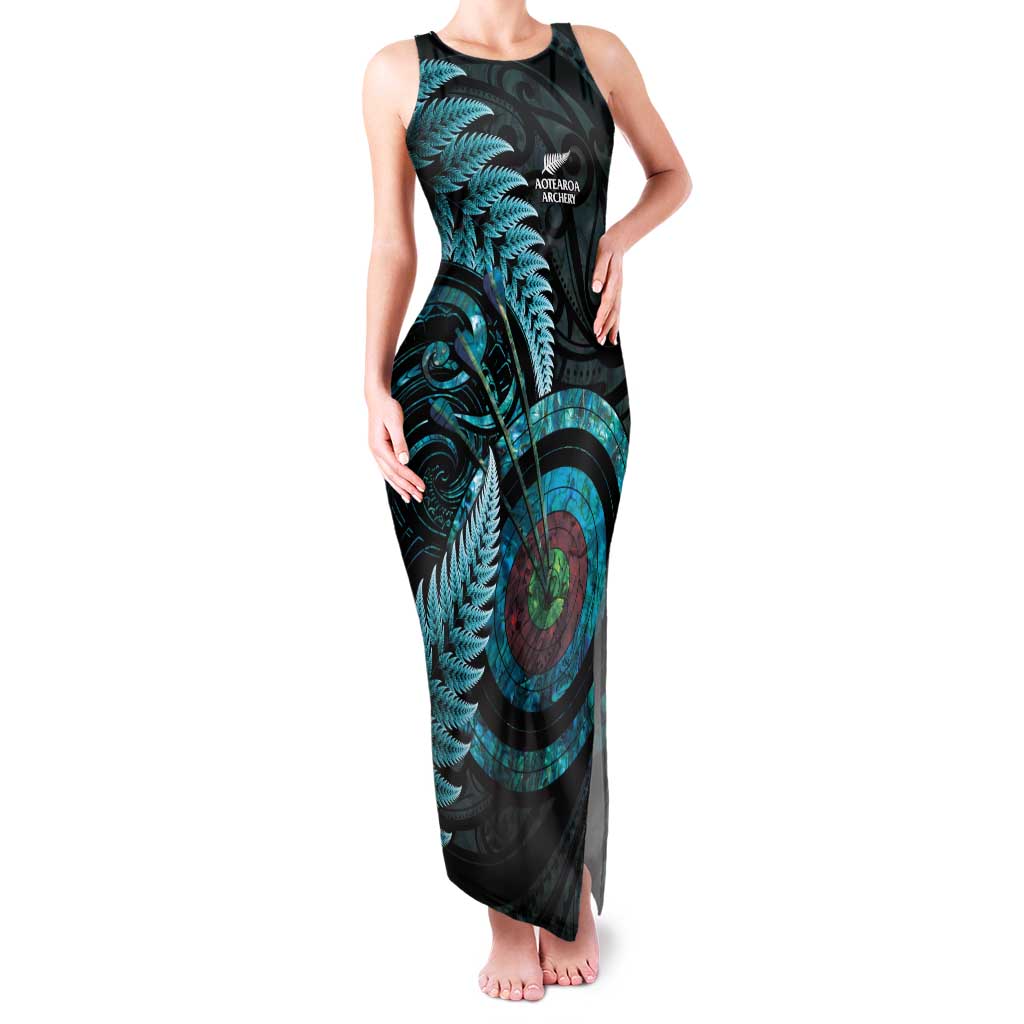 New Zealand Archery Family Matching Tank Maxi Dress and Hawaiian Shirt Aotearoa Silver Fern Maori LT14 Mom's Dress Turquoise - Polynesian Pride
