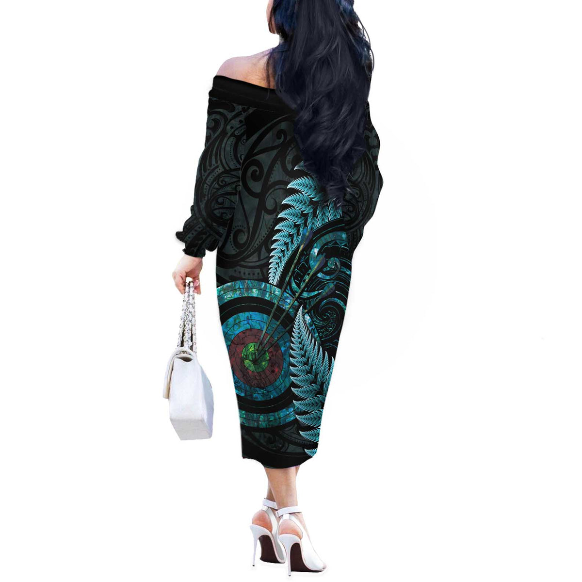 New Zealand Archery Off The Shoulder Long Sleeve Dress Aotearoa Silver Fern Maori LT14 - Polynesian Pride