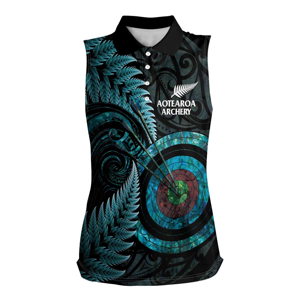 New Zealand Archery Women Sleeveless Polo Shirt Aotearoa Silver Fern Maori LT14 Female Turquoise - Polynesian Pride