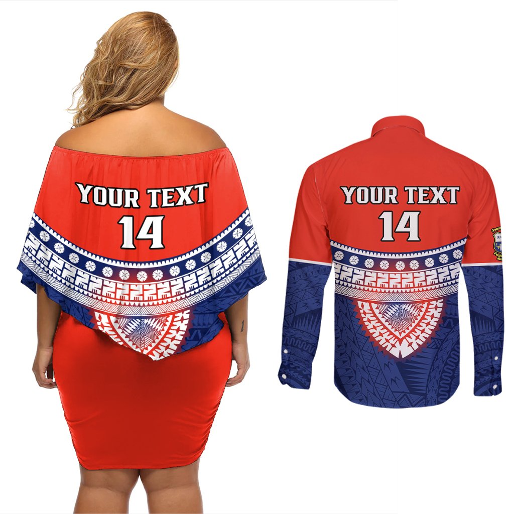 Custom Fiji School Couples Matching Off Shoulder Short Dress and Long Sleeve Button Shirts Marist Brothers Fijian Tapa Pattern LT14 - Polynesian Pride