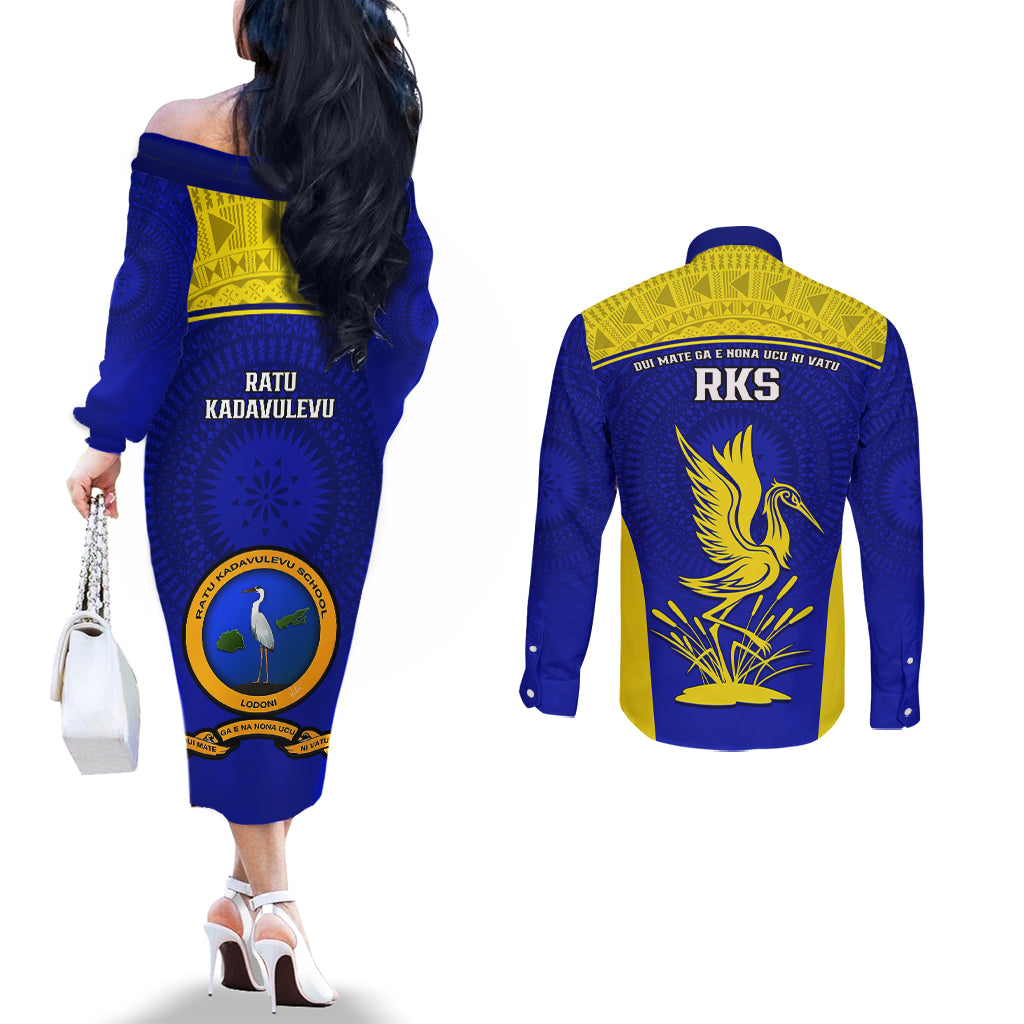 Fiji School Couples Matching Off The Shoulder Long Sleeve Dress and Long Sleeve Button Shirts Ratu Kadavulevu Heron With Fijian Tapa LT14 - Polynesian Pride
