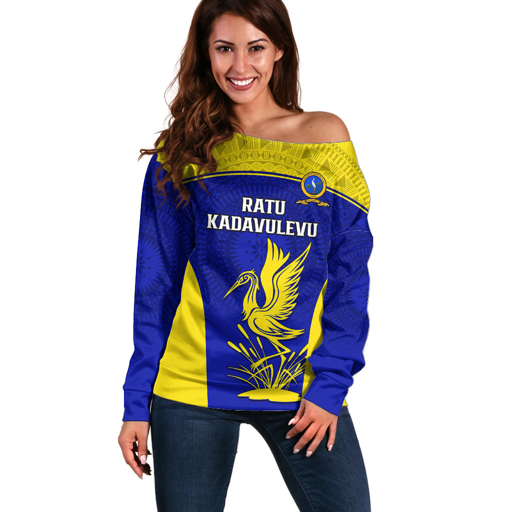 Custom Fiji School Off Shoulder Sweater Ratu Kadavulevu Heron With Fijian Tapa LT14 Women Gold - Polynesian Pride