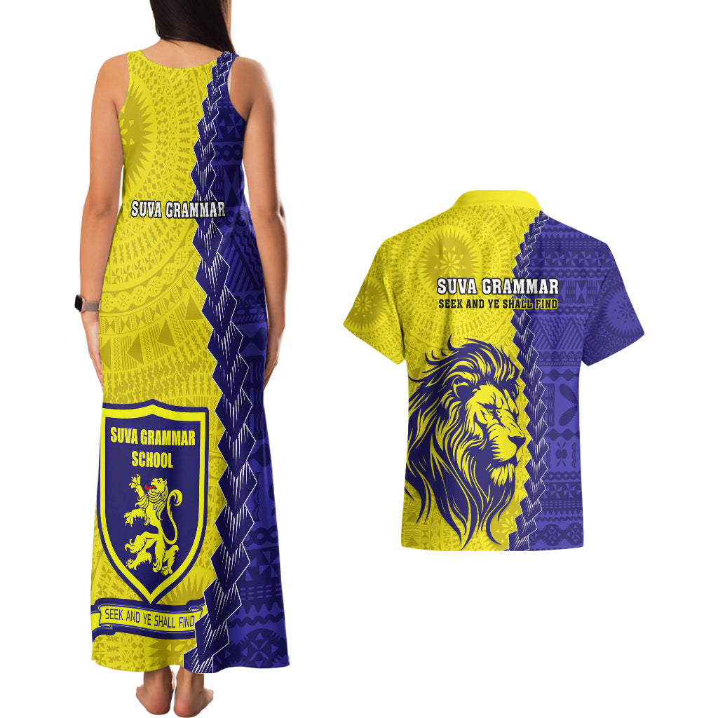 Fiji School Couples Matching Tank Maxi Dress And Hawaiian Shirt Suva Grammar Lions With Fijian Tapa LT14 - Polynesian Pride