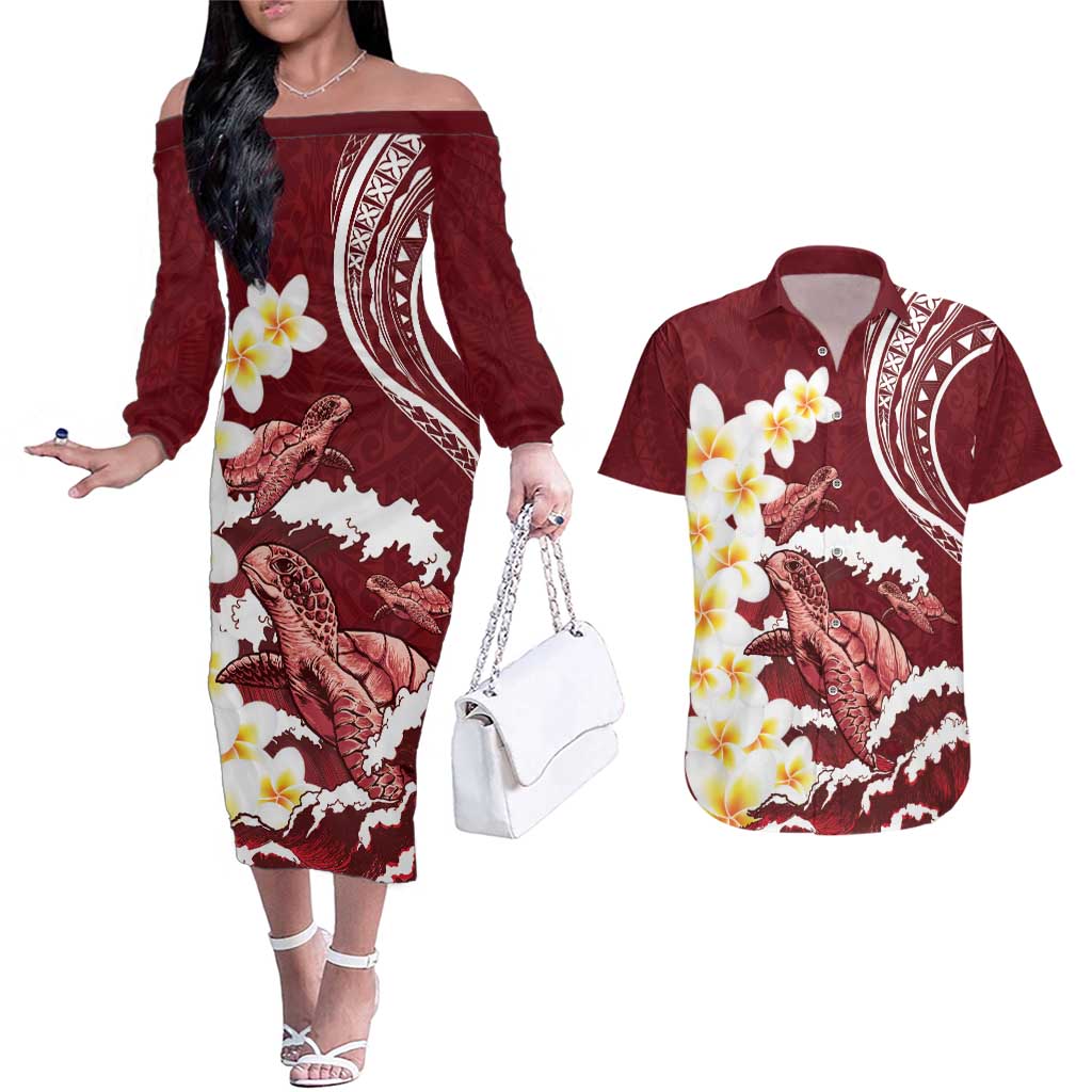 Blood Gold Polynesia Couples Matching Off The Shoulder Long Sleeve Dress and Hawaiian Shirt Polynesian Frangipani With Sea Turtles