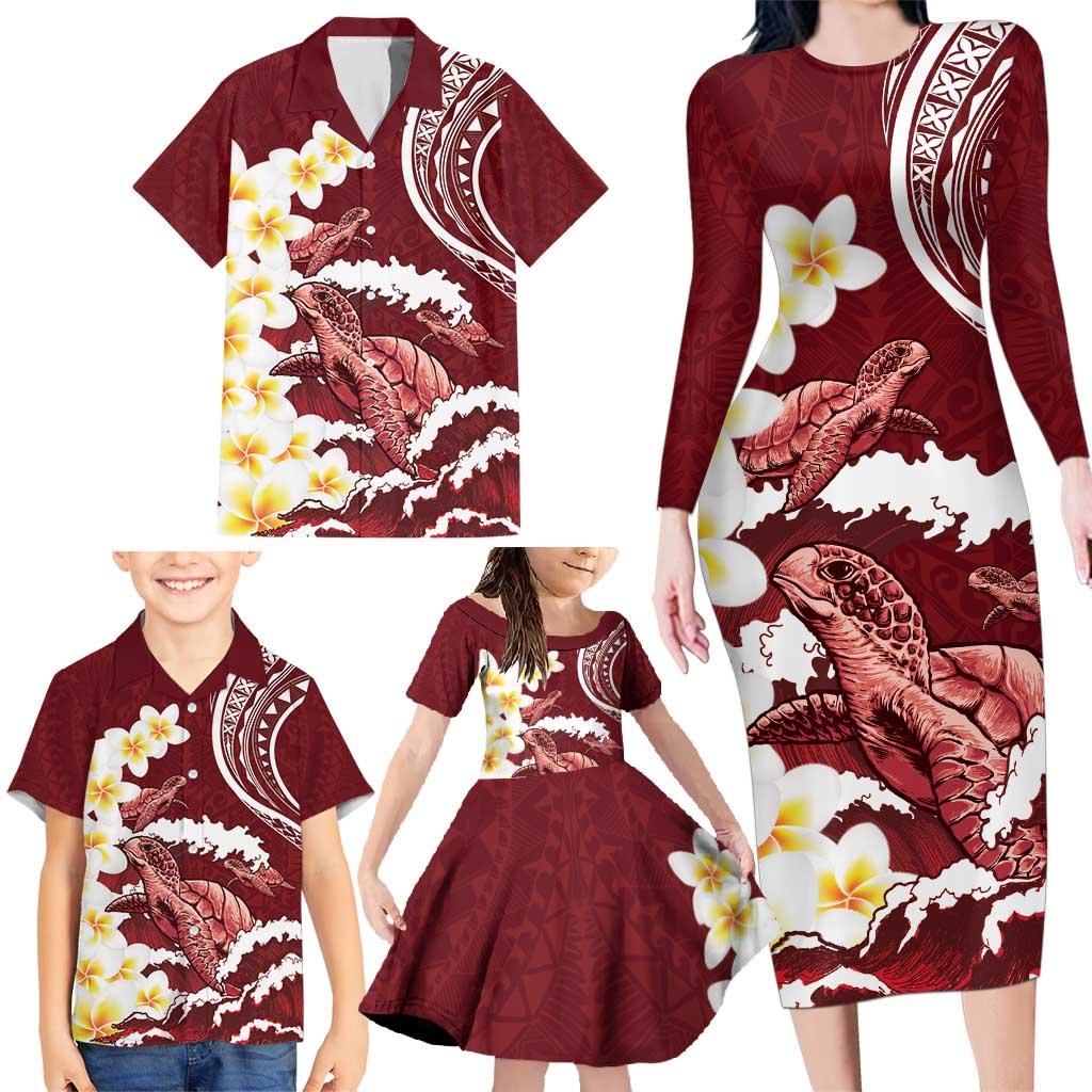 Blood Gold Polynesia Family Matching Long Sleeve Bodycon Dress and Hawaiian Shirt Polynesian Frangipani With Sea Turtles LT14 - Polynesian Pride