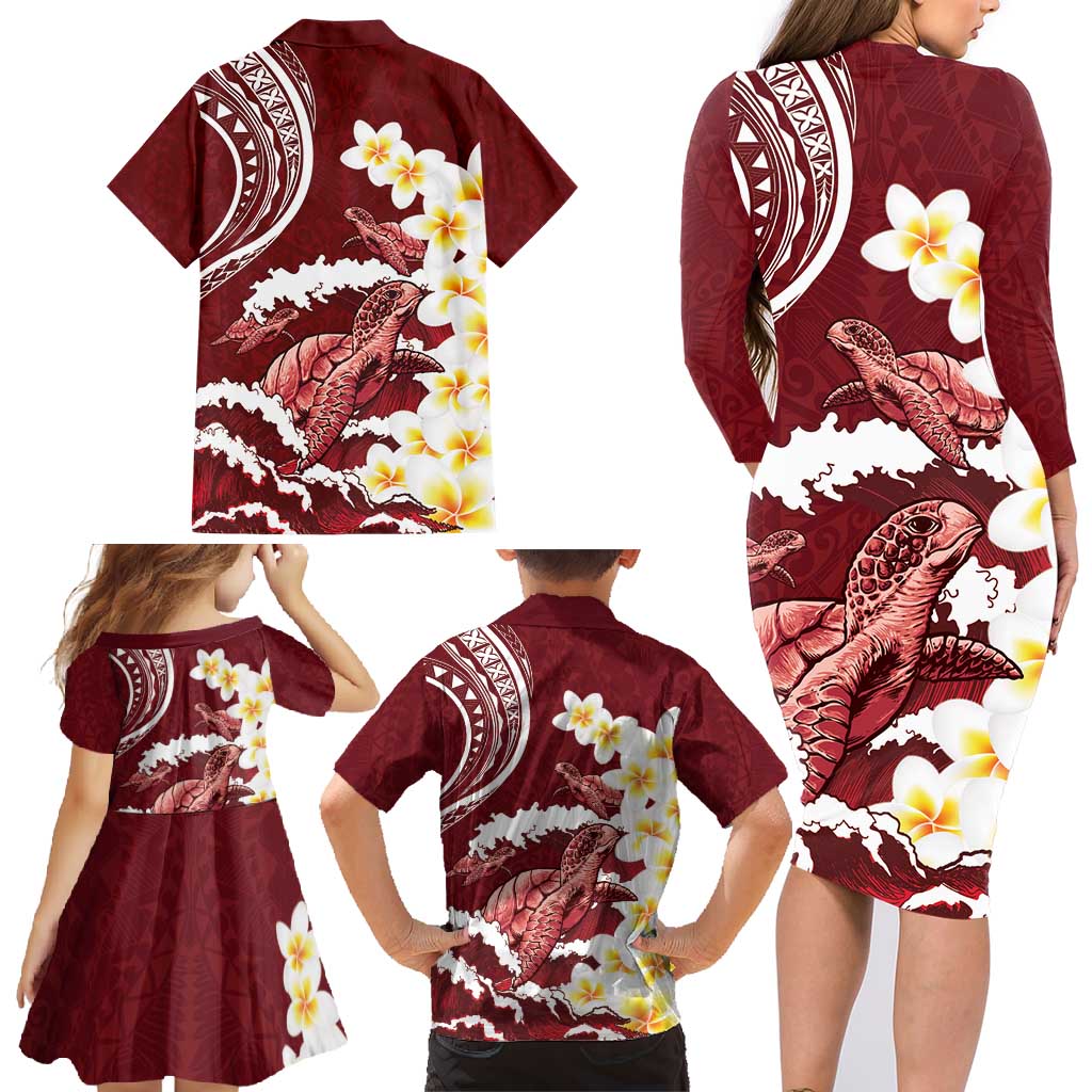 Blood Gold Polynesia Family Matching Long Sleeve Bodycon Dress and Hawaiian Shirt Polynesian Frangipani With Sea Turtles LT14 - Polynesian Pride