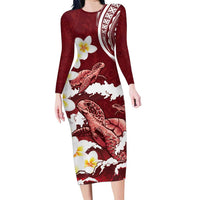 Blood Gold Polynesia Family Matching Long Sleeve Bodycon Dress and Hawaiian Shirt Polynesian Frangipani With Sea Turtles LT14 Mom's Dress Blood Gold - Polynesian Pride