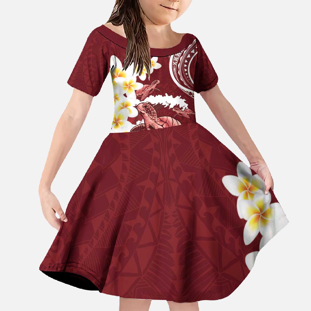 Blood Gold Polynesia Family Matching Off The Shoulder Long Sleeve Dress and Hawaiian Shirt Polynesian Frangipani With Sea Turtles LT14 Daughter's Dress Blood Gold - Polynesian Pride