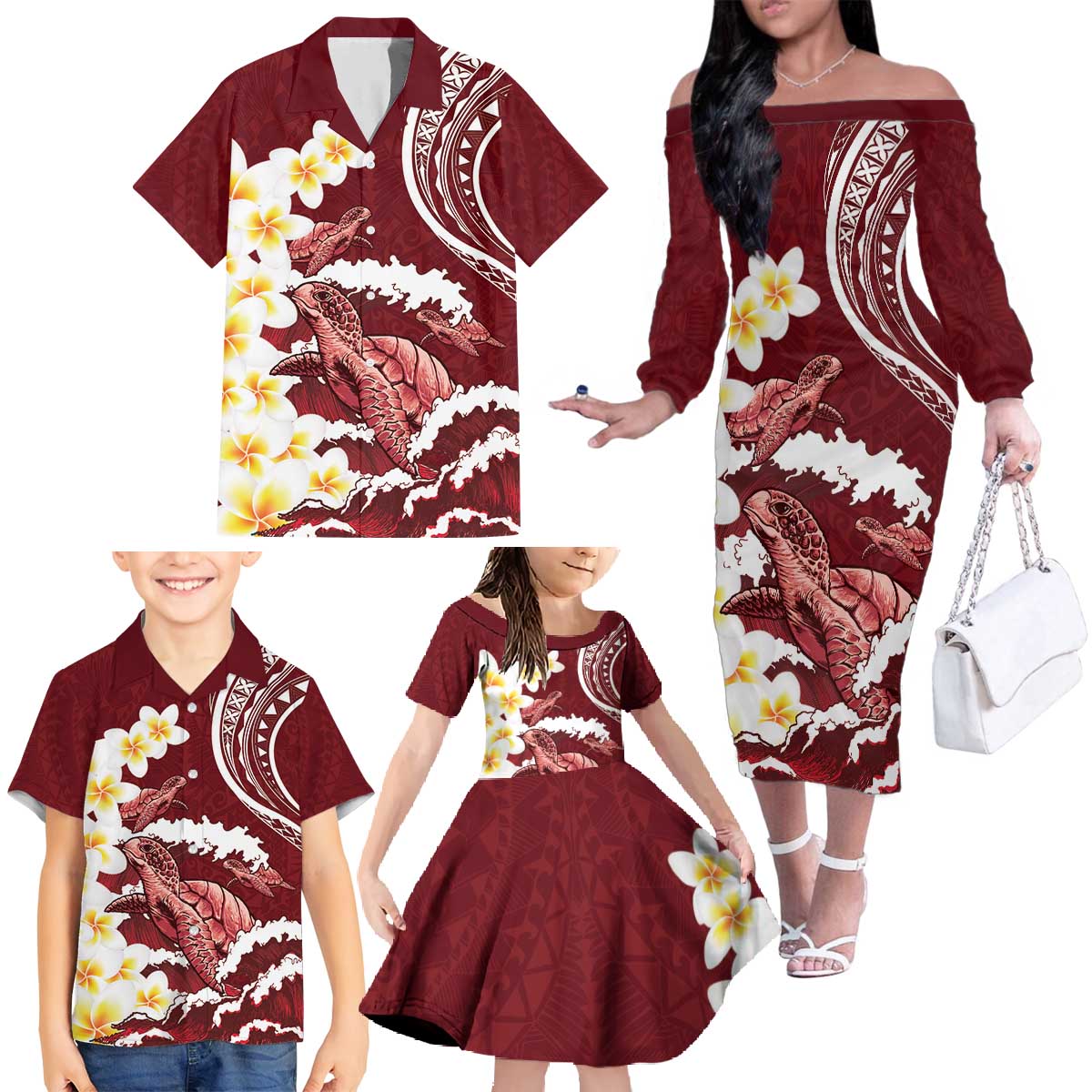 Blood Gold Polynesia Family Matching Off The Shoulder Long Sleeve Dress and Hawaiian Shirt Polynesian Frangipani With Sea Turtles LT14 - Polynesian Pride