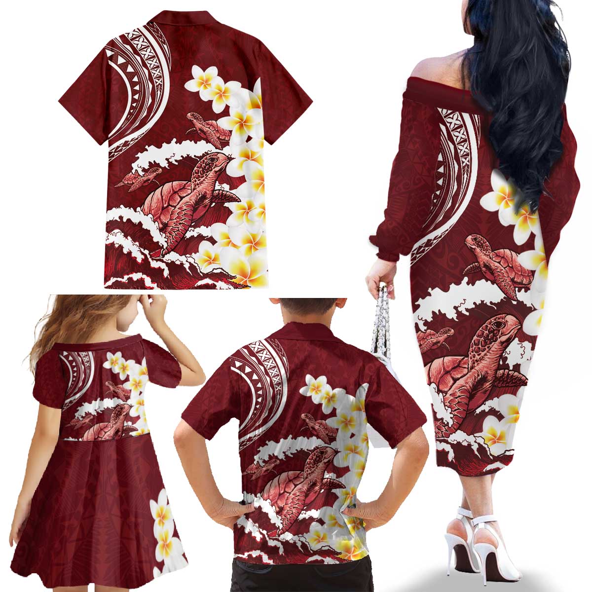 Blood Gold Polynesia Family Matching Off The Shoulder Long Sleeve Dress and Hawaiian Shirt Polynesian Frangipani With Sea Turtles LT14 - Polynesian Pride