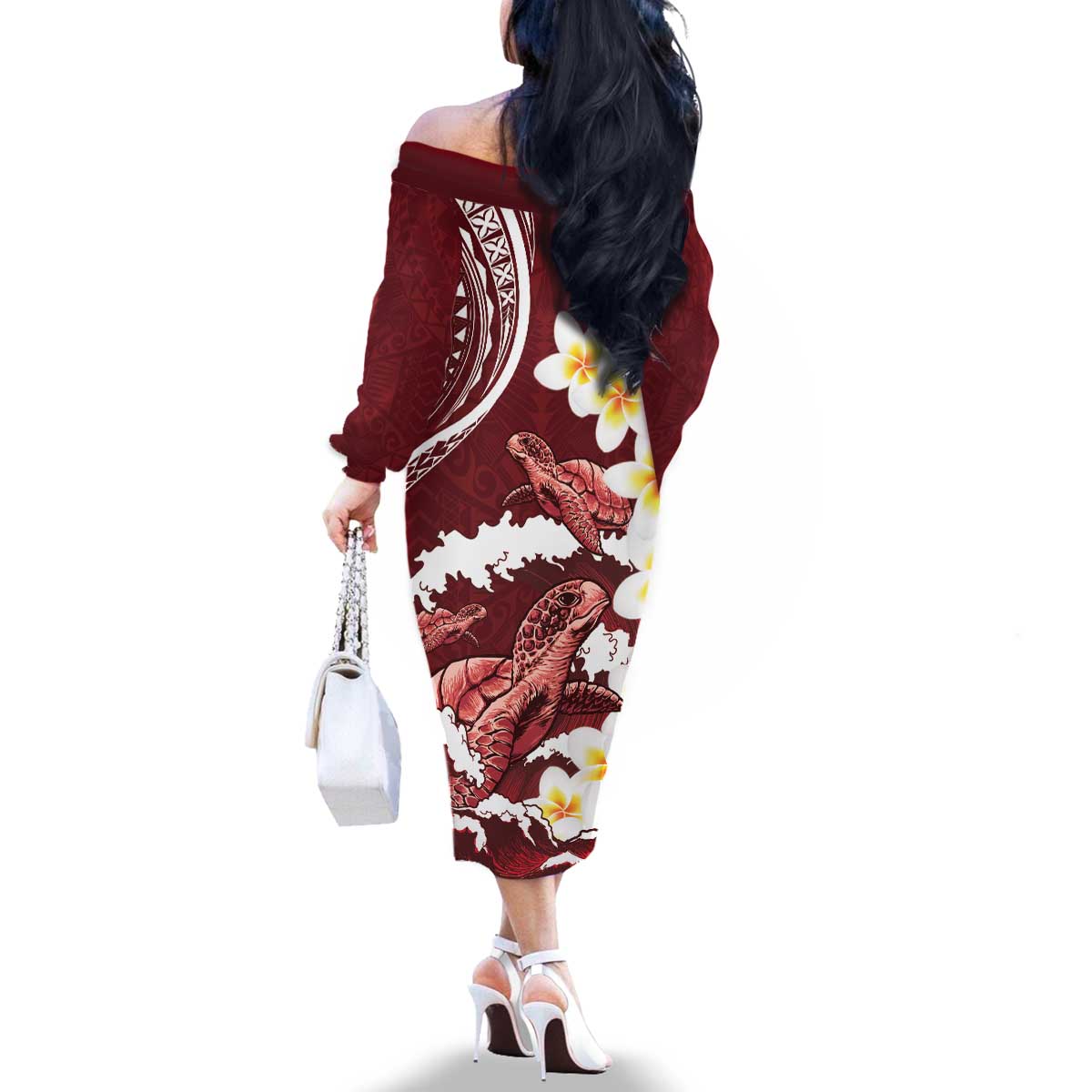 Blood Gold Polynesia Family Matching Off The Shoulder Long Sleeve Dress and Hawaiian Shirt Polynesian Frangipani With Sea Turtles LT14 - Polynesian Pride