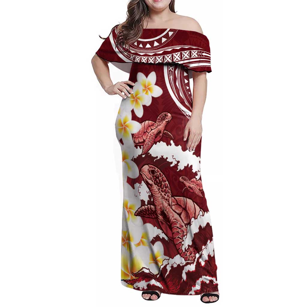 Blood Gold Polynesia Family Matching Off Shoulder Maxi Dress and Hawaiian Shirt Polynesian Frangipani With Sea Turtles LT14 Mom's Dress Blood Gold - Polynesian Pride