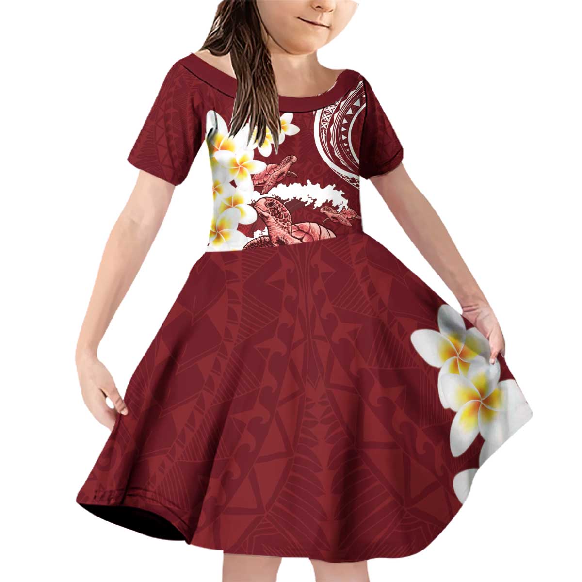 Blood Gold Polynesia Family Matching Off Shoulder Short Dress and Hawaiian Shirt Polynesian Frangipani With Sea Turtles LT14 Daughter's Dress Blood Gold - Polynesian Pride