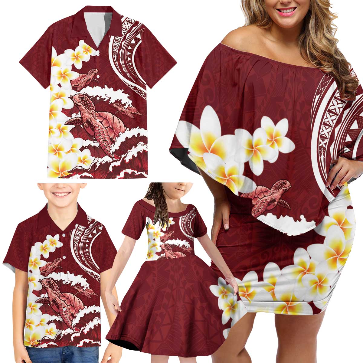 Blood Gold Polynesia Family Matching Off Shoulder Short Dress and Hawaiian Shirt Polynesian Frangipani With Sea Turtles LT14 - Polynesian Pride