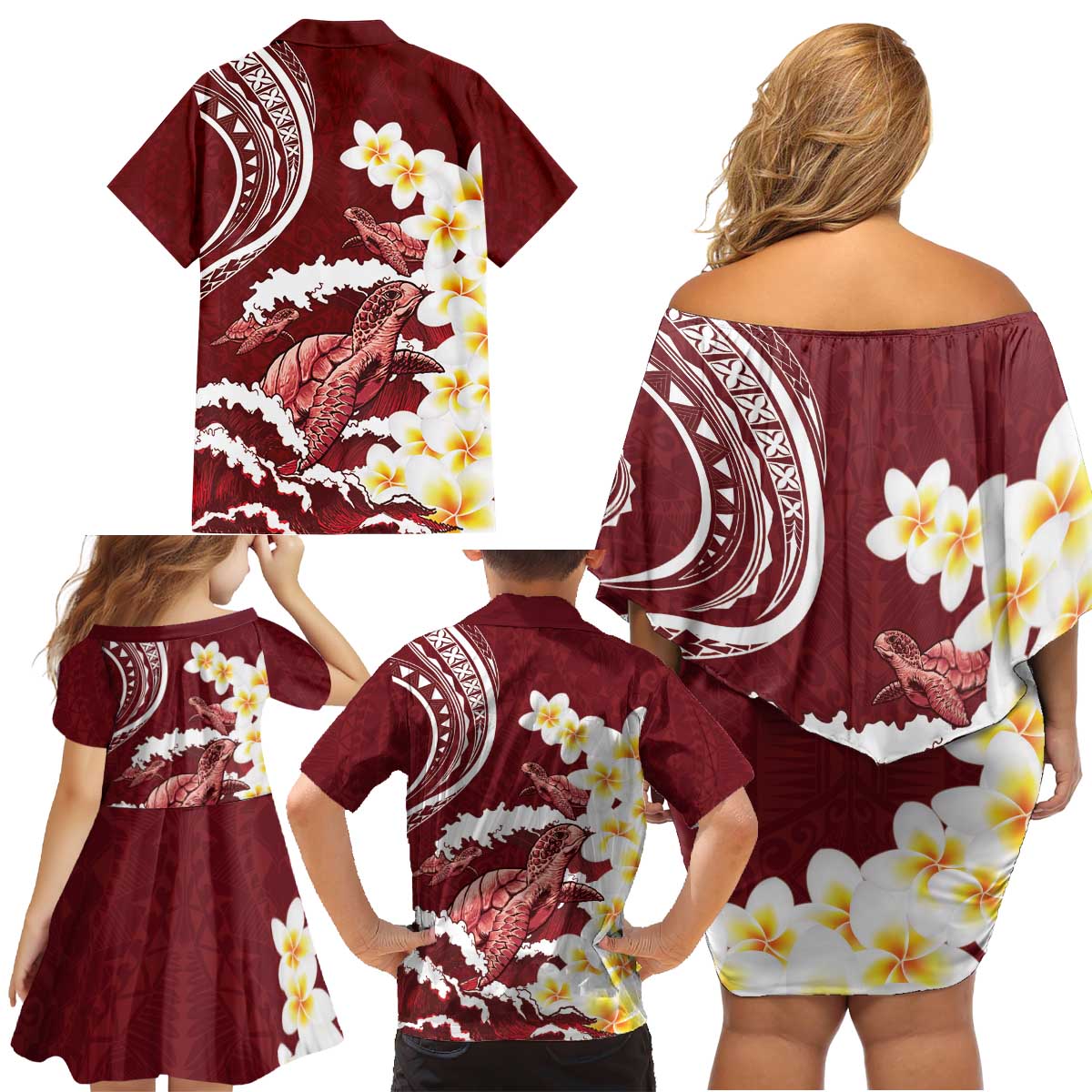 Blood Gold Polynesia Family Matching Off Shoulder Short Dress and Hawaiian Shirt Polynesian Frangipani With Sea Turtles LT14 - Polynesian Pride