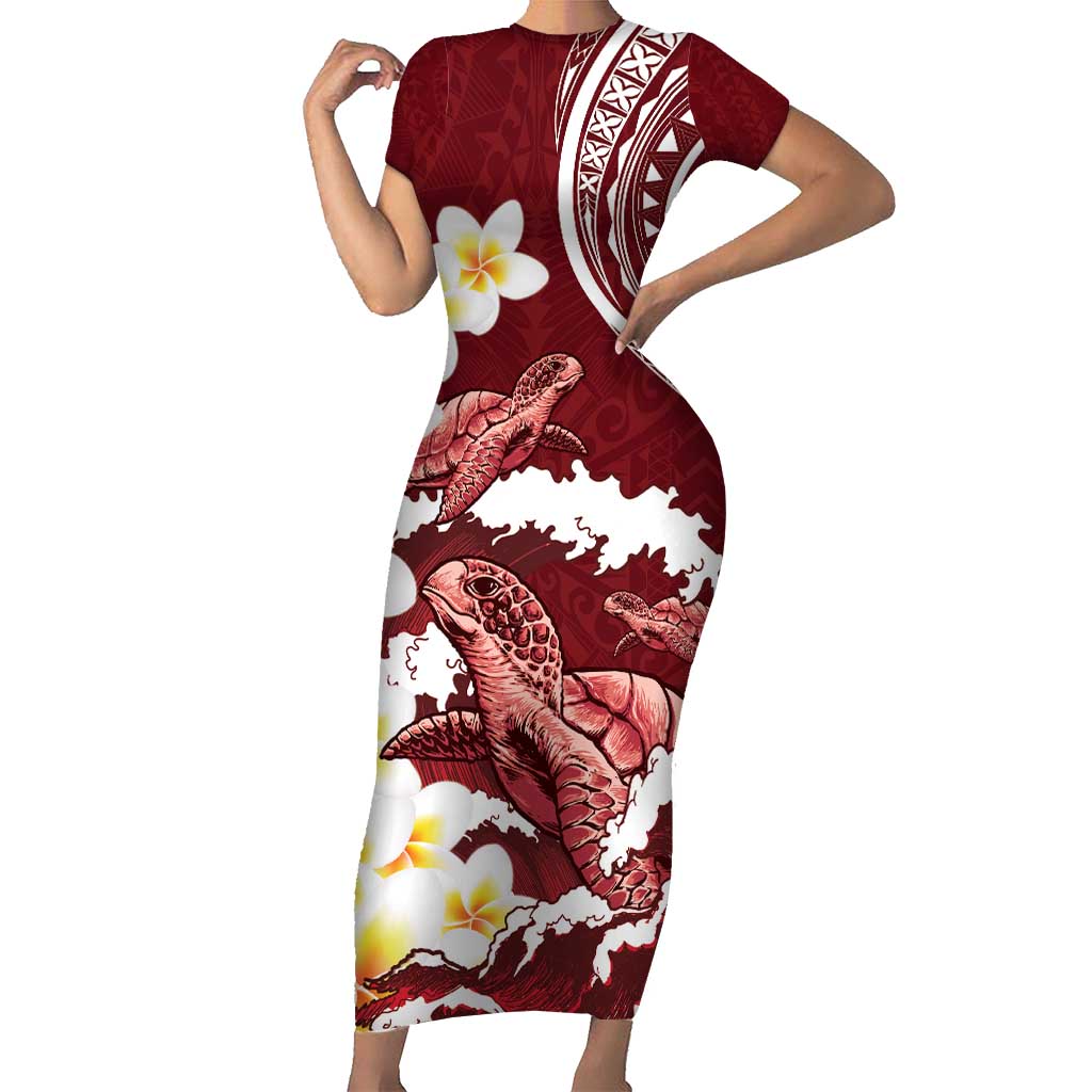 Blood Gold Polynesia Family Matching Short Sleeve Bodycon Dress and Hawaiian Shirt Polynesian Frangipani With Sea Turtles LT14 Mom's Dress Blood Gold - Polynesian Pride