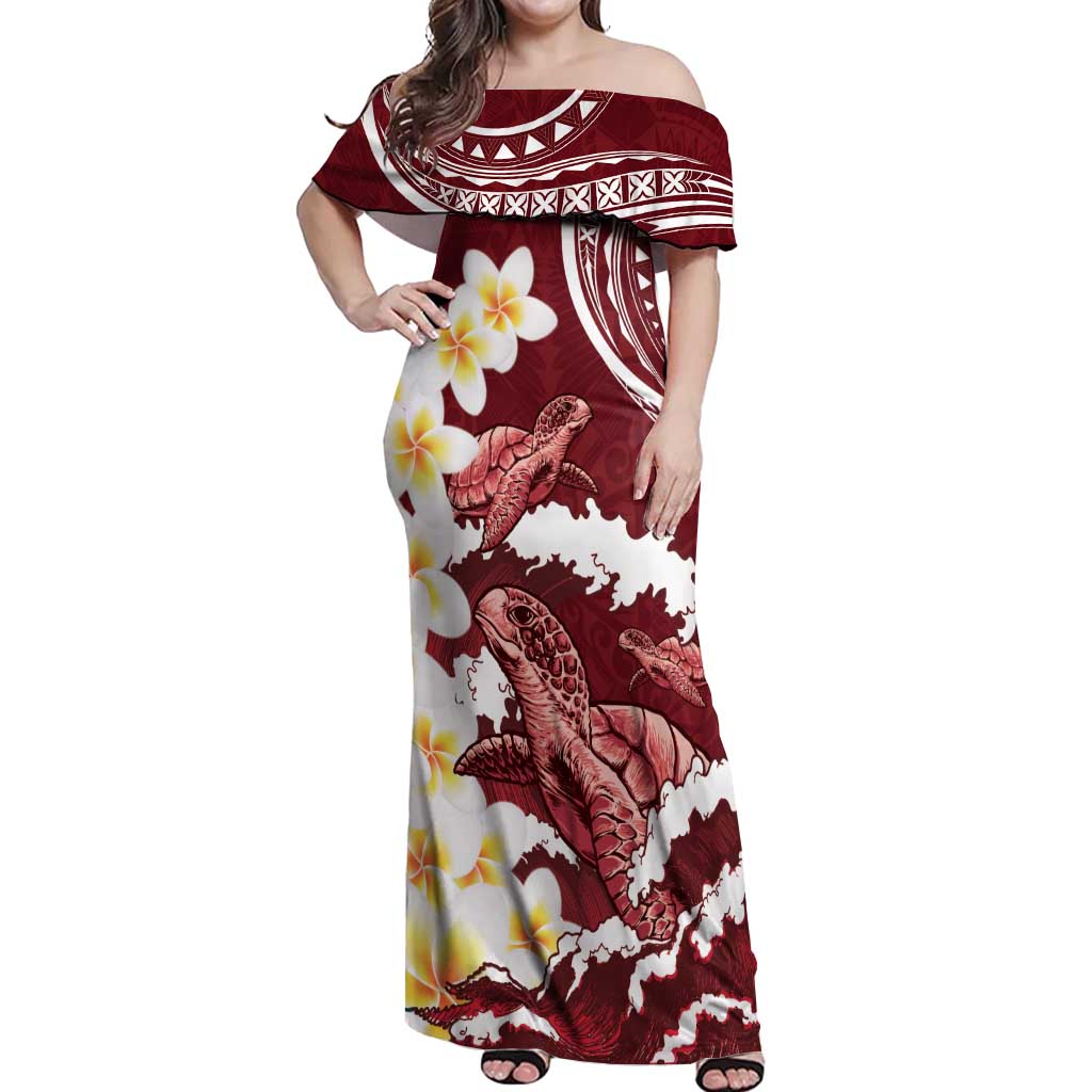 Blood Gold Polynesia Off Shoulder Maxi Dress Polynesian Frangipani With Sea Turtles