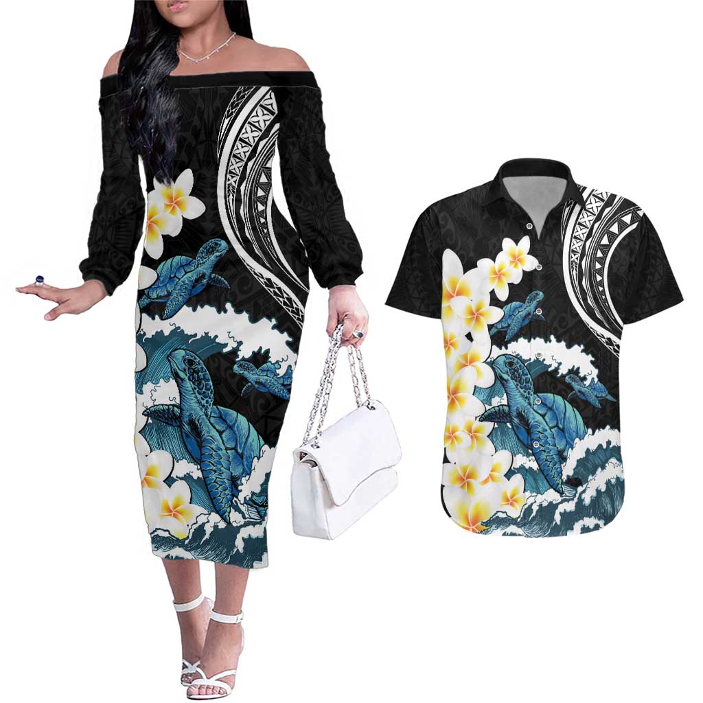 Black Polynesia Couples Matching Off The Shoulder Long Sleeve Dress and Hawaiian Shirt Polynesian Frangipani With Sea Turtles