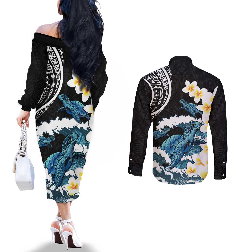 Black Polynesia Couples Matching Off The Shoulder Long Sleeve Dress and Long Sleeve Button Shirt Polynesian Frangipani With Sea Turtles