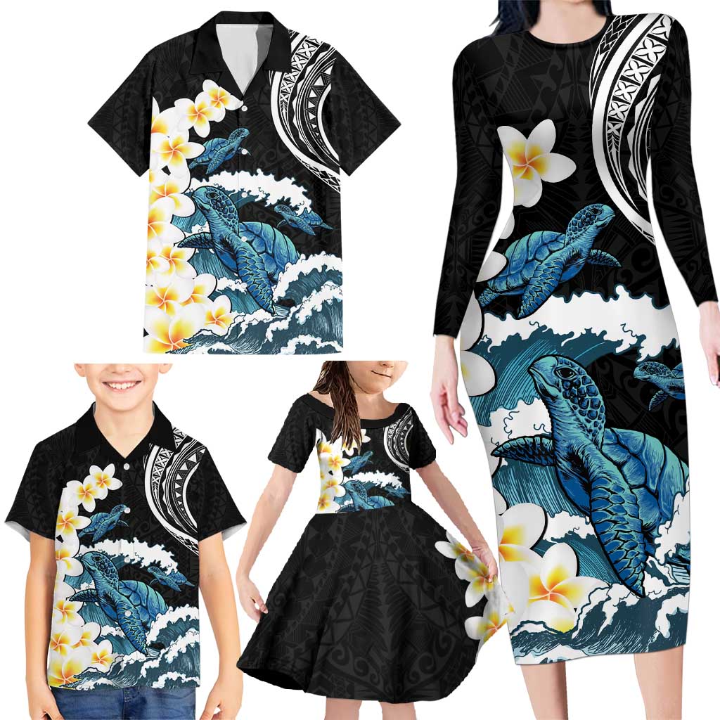 Black Polynesia Family Matching Long Sleeve Bodycon Dress and Hawaiian Shirt Polynesian Frangipani With Sea Turtles LT14 - Polynesian Pride