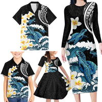 Black Polynesia Family Matching Long Sleeve Bodycon Dress and Hawaiian Shirt Polynesian Frangipani With Sea Turtles LT14 - Polynesian Pride