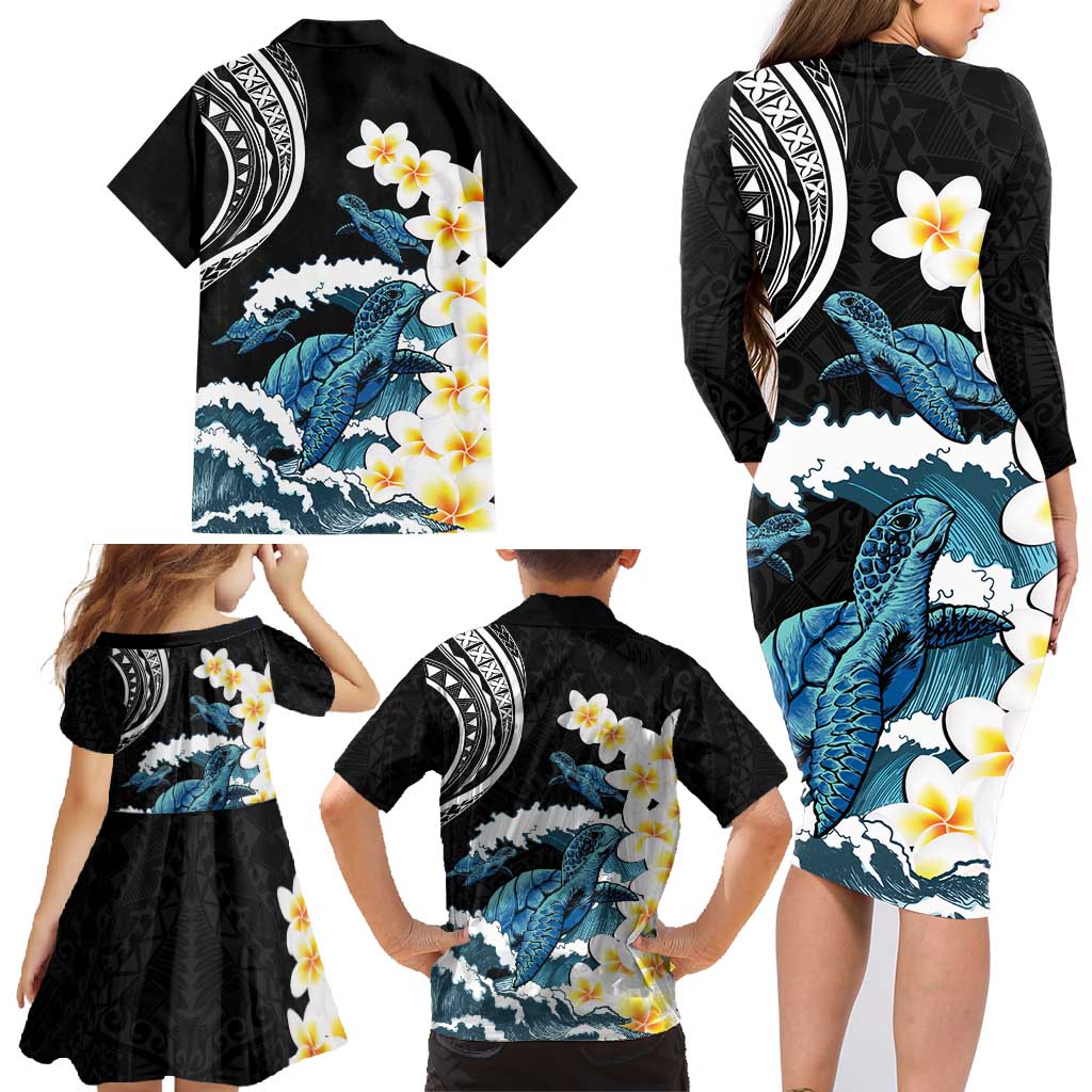 Black Polynesia Family Matching Long Sleeve Bodycon Dress and Hawaiian Shirt Polynesian Frangipani With Sea Turtles LT14 - Polynesian Pride