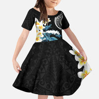 Black Polynesia Family Matching Off The Shoulder Long Sleeve Dress and Hawaiian Shirt Polynesian Frangipani With Sea Turtles LT14 Daughter's Dress Black - Polynesian Pride