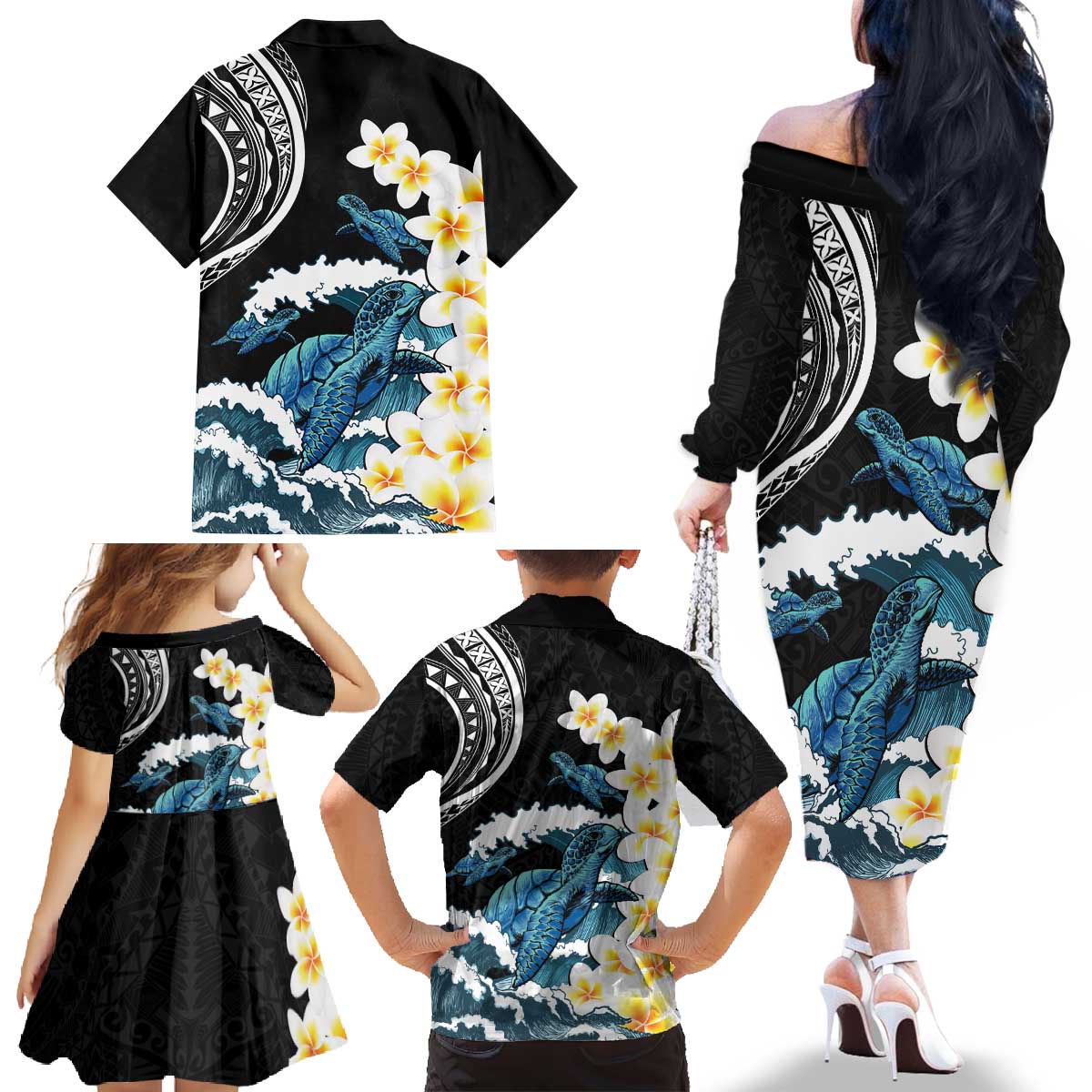 Black Polynesia Family Matching Off The Shoulder Long Sleeve Dress and Hawaiian Shirt Polynesian Frangipani With Sea Turtles LT14 - Polynesian Pride