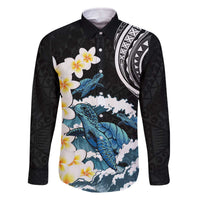 Black Polynesia Family Matching Off The Shoulder Long Sleeve Dress and Hawaiian Shirt Polynesian Frangipani With Sea Turtles LT14 Dad's Shirt - Long Sleeve Black - Polynesian Pride