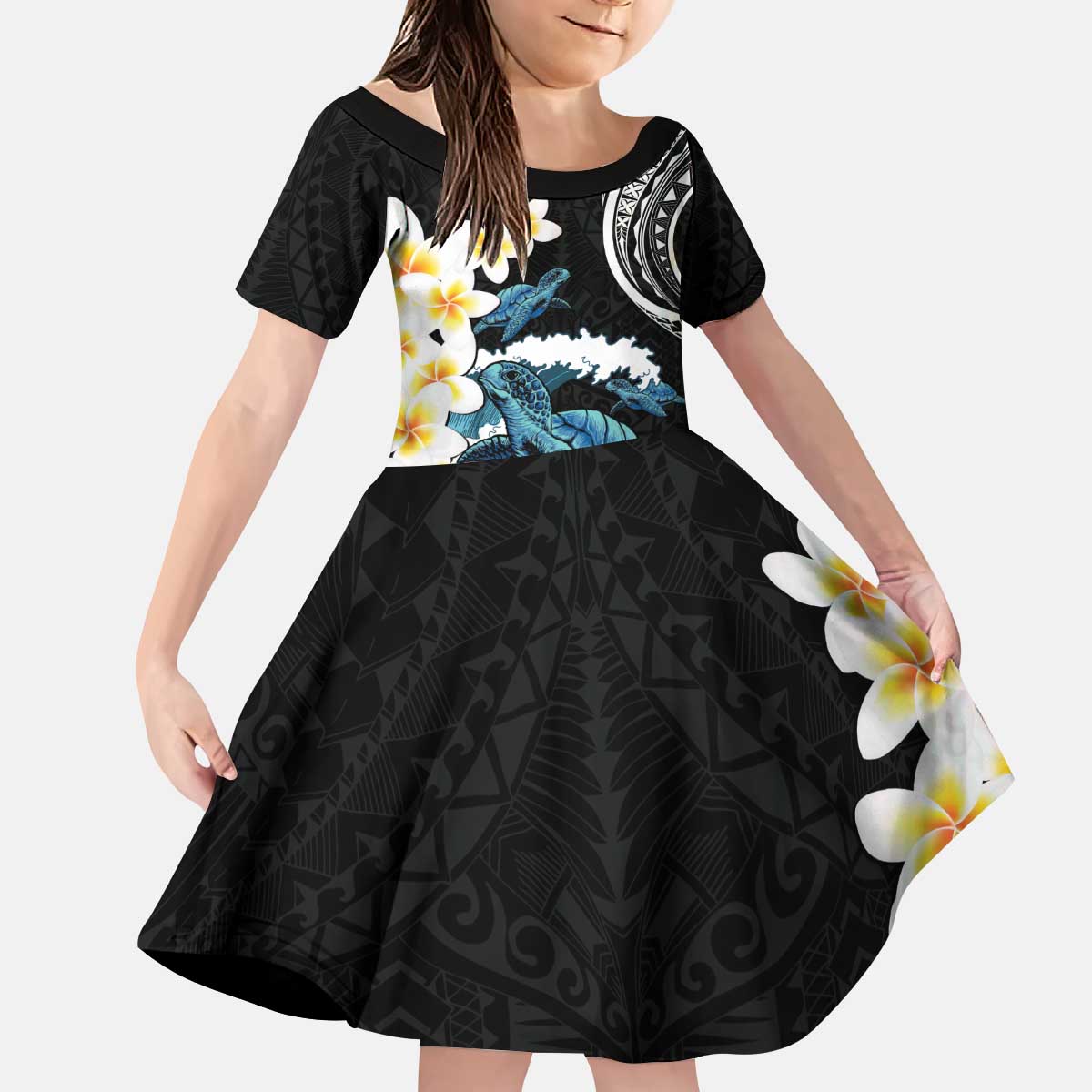 Black Polynesia Family Matching Puletasi and Hawaiian Shirt Polynesian Frangipani With Sea Turtles