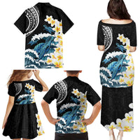 Black Polynesia Family Matching Puletasi and Hawaiian Shirt Polynesian Frangipani With Sea Turtles