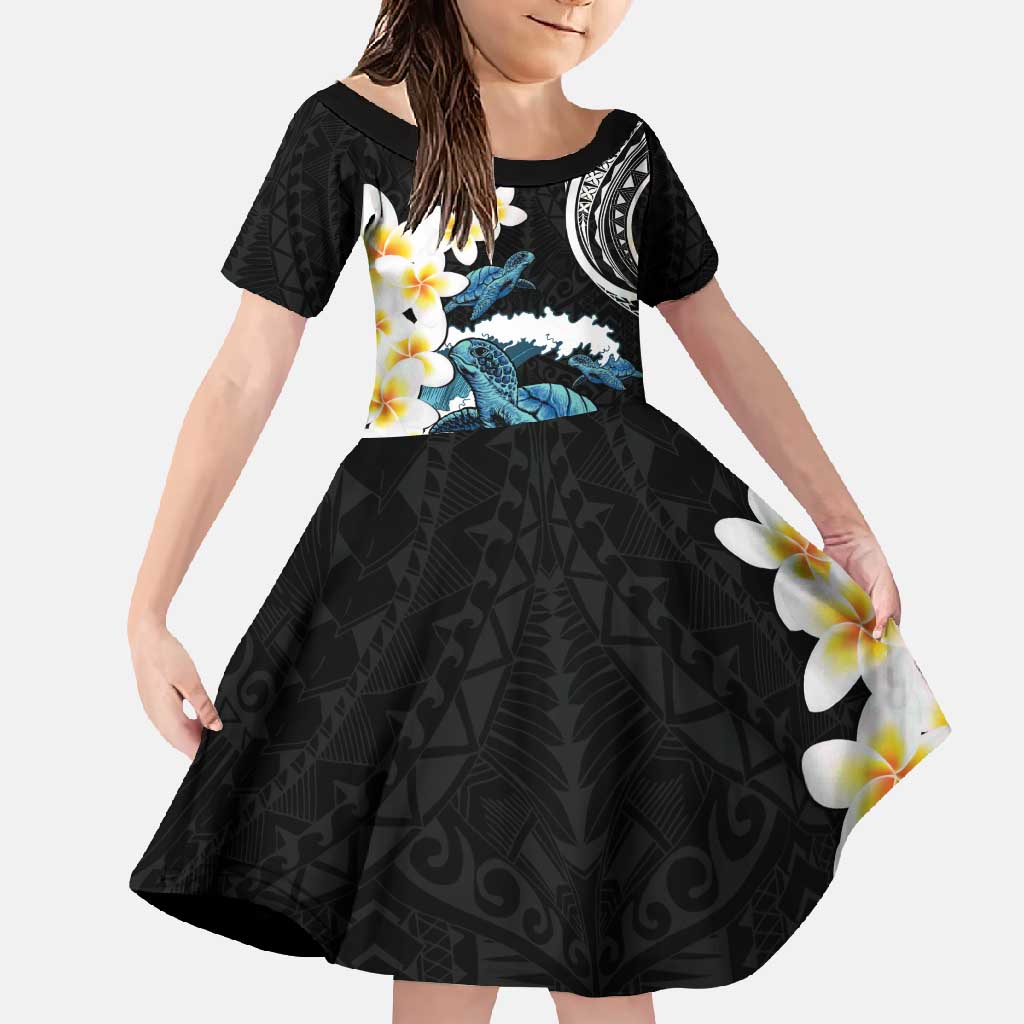 Black Polynesia Family Matching Short Sleeve Bodycon Dress and Hawaiian Shirt Polynesian Frangipani With Sea Turtles LT14 Daughter's Dress Black - Polynesian Pride