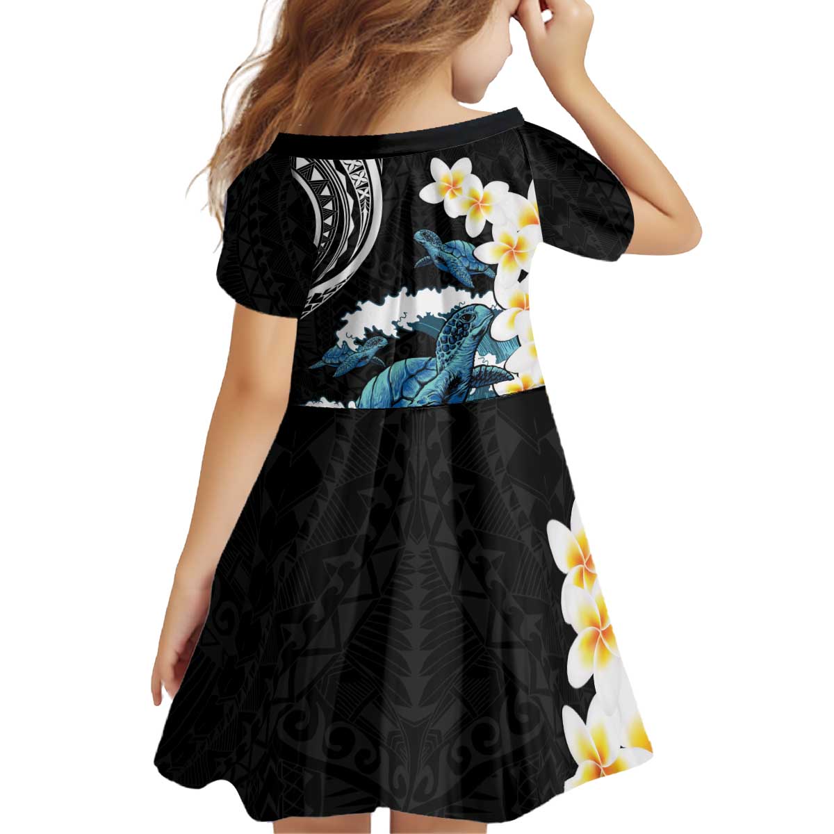 Black Polynesia Kid Short Sleeve Dress Polynesian Frangipani With Sea Turtles