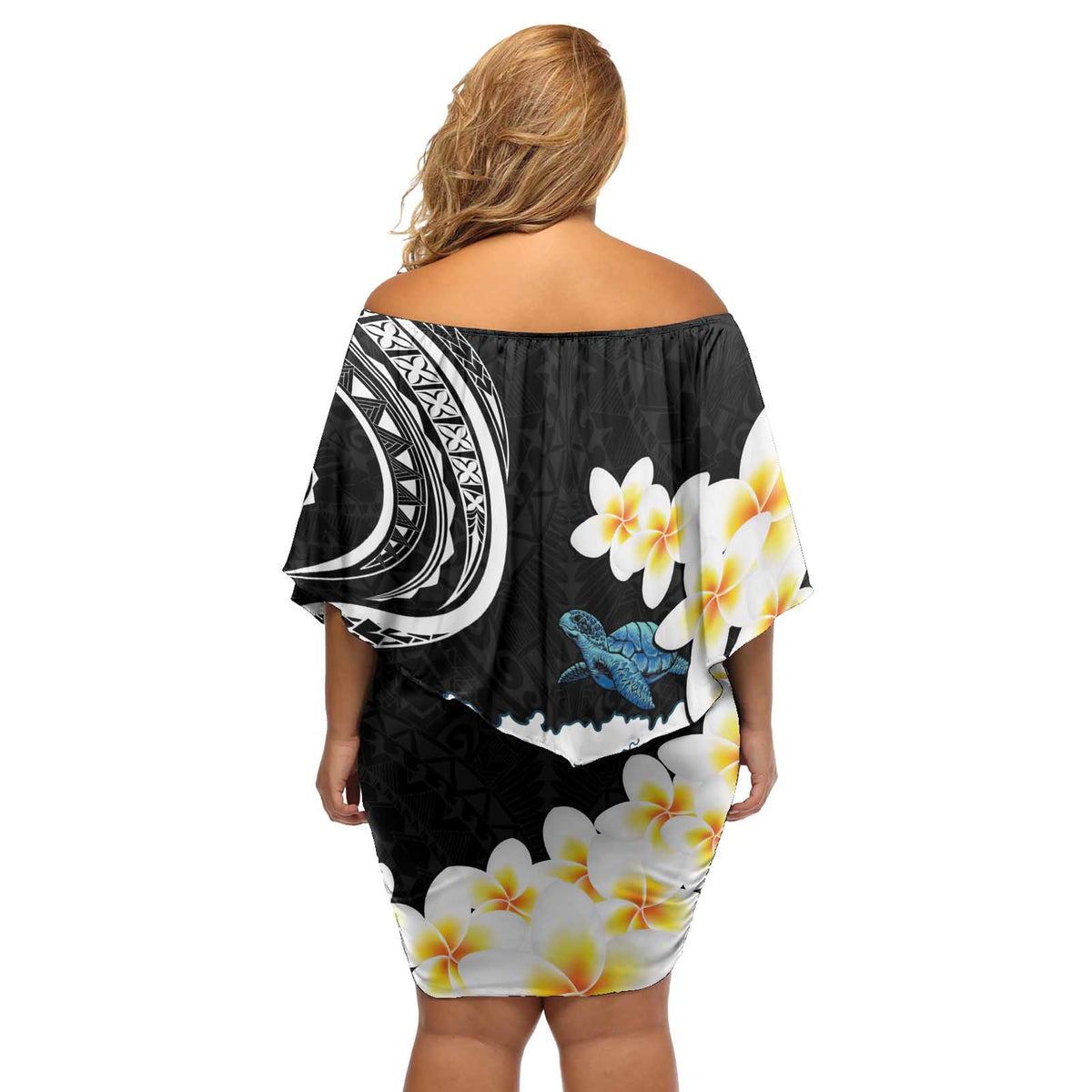 Black Polynesia Off Shoulder Short Dress Polynesian Frangipani With Sea Turtles