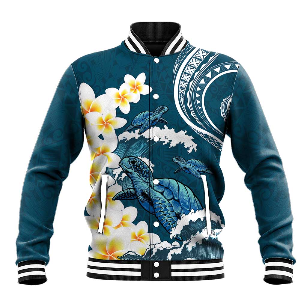 Dark Teal Polynesia Baseball Jacket Polynesian Frangipani With Sea Turtles
