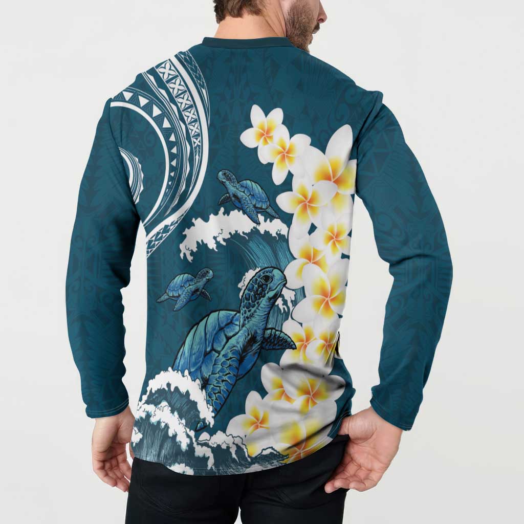 Dark Teal Polynesia Button Sweatshirt Polynesian Frangipani With Sea Turtles
