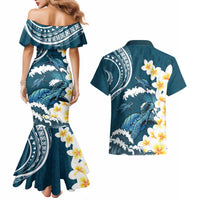 Dark Teal Polynesia Couples Matching Mermaid Dress and Hawaiian Shirt Polynesian Frangipani With Sea Turtles