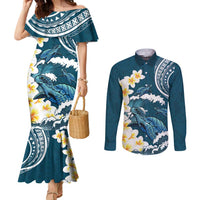 Dark Teal Polynesia Couples Matching Mermaid Dress and Long Sleeve Button Shirt Polynesian Frangipani With Sea Turtles