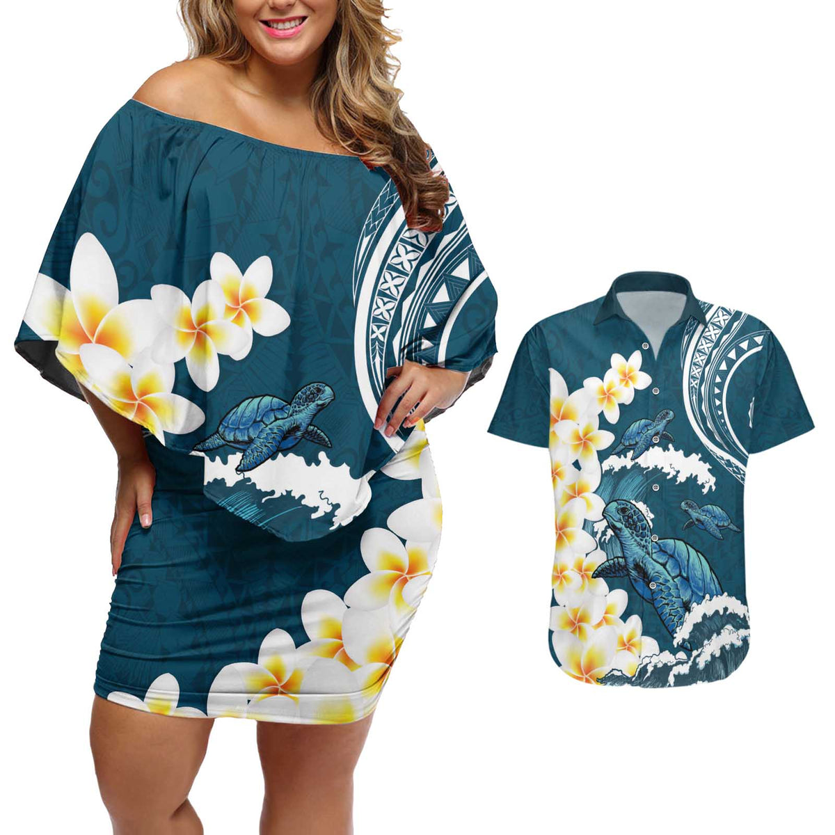 Dark Teal Polynesia Couples Matching Off Shoulder Short Dress and Hawaiian Shirt Polynesian Frangipani With Sea Turtles