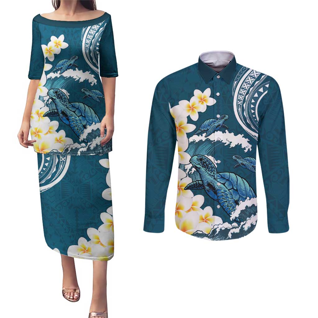 Dark Teal Polynesia Couples Matching Puletasi and Long Sleeve Button Shirt Polynesian Frangipani With Sea Turtles