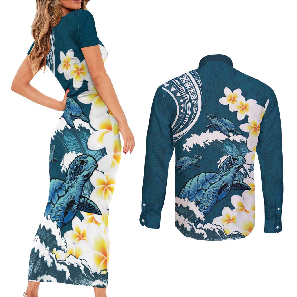 Dark Teal Polynesia Couples Matching Short Sleeve Bodycon Dress and Long Sleeve Button Shirt Polynesian Frangipani With Sea Turtles
