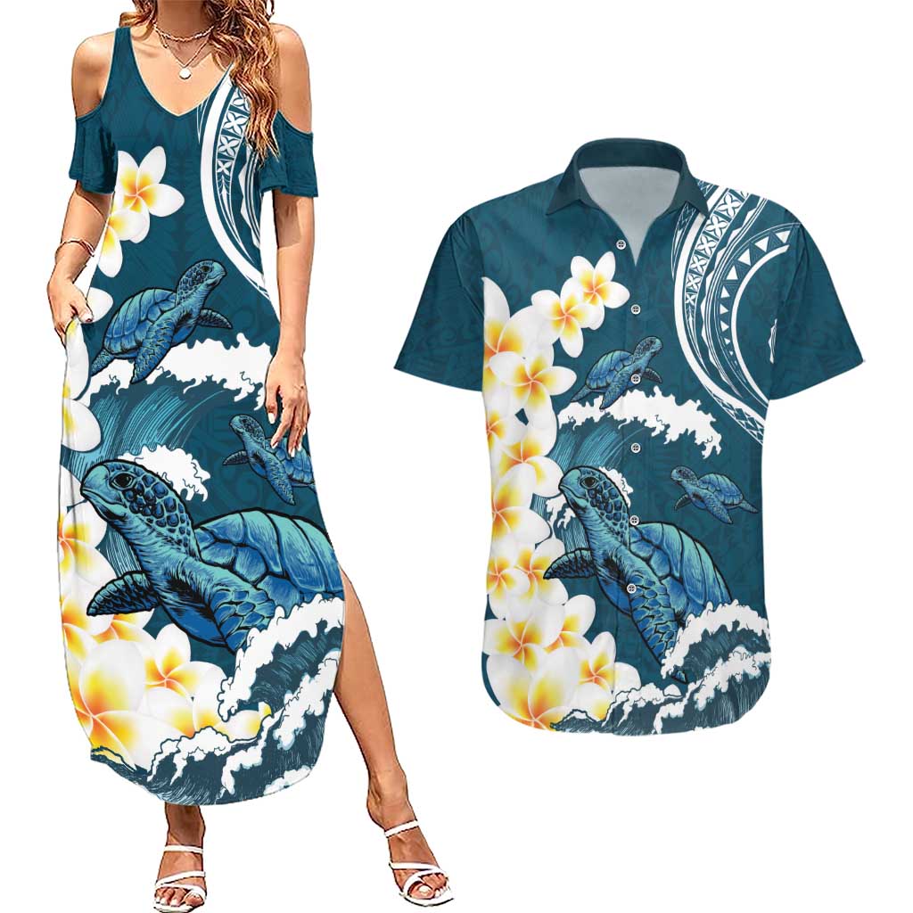 Dark Teal Polynesia Couples Matching Summer Maxi Dress and Hawaiian Shirt Polynesian Frangipani With Sea Turtles