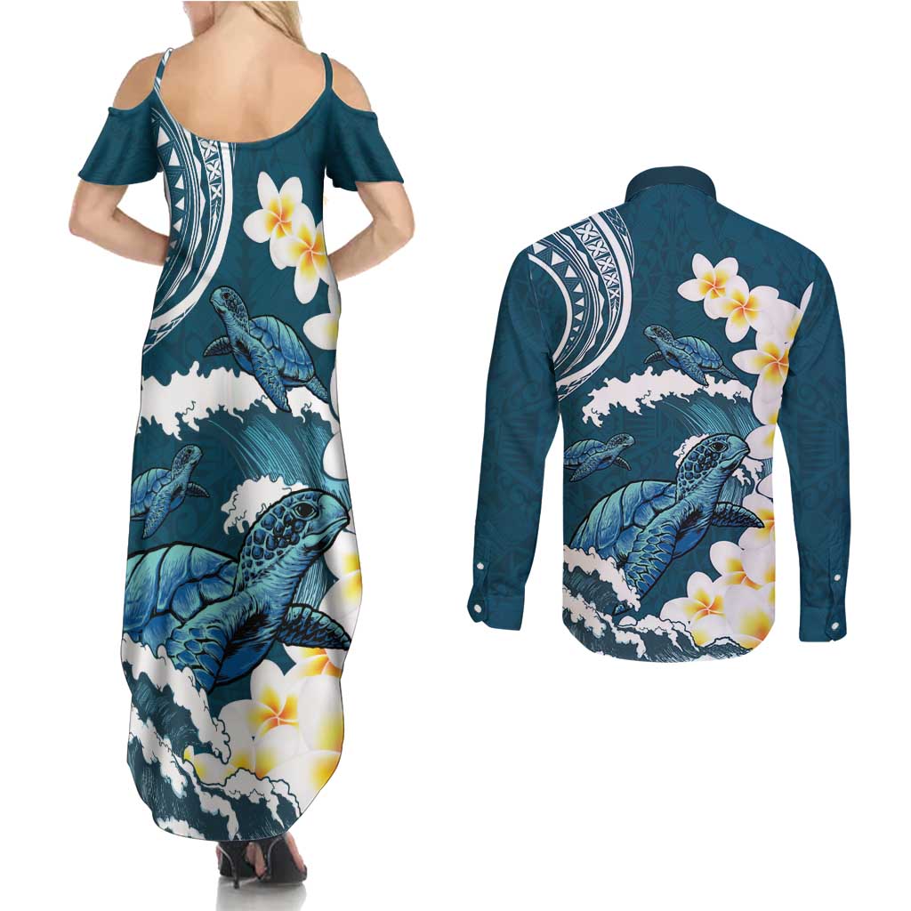 Dark Teal Polynesia Couples Matching Summer Maxi Dress and Long Sleeve Button Shirt Polynesian Frangipani With Sea Turtles
