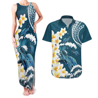Dark Teal Polynesia Couples Matching Tank Maxi Dress and Hawaiian Shirt Polynesian Frangipani With Sea Turtles