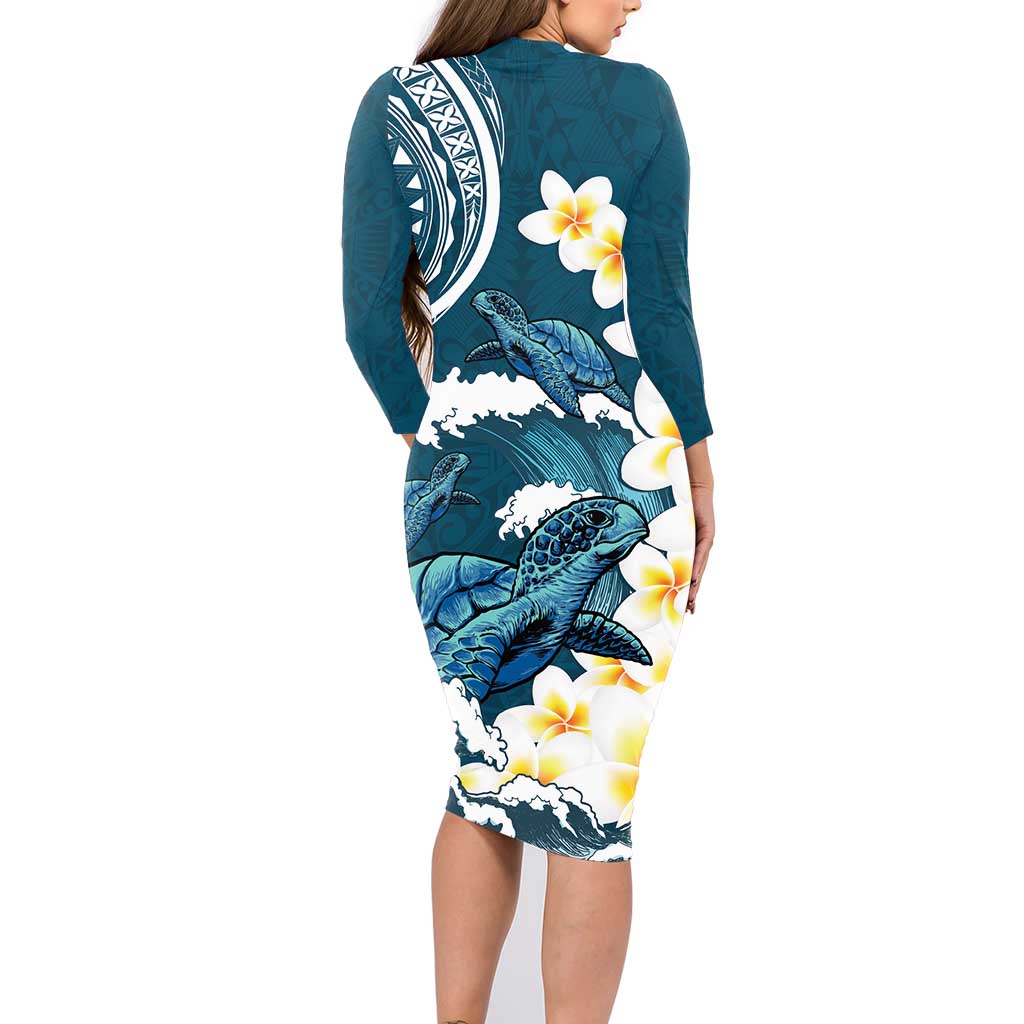 Dark Teal Polynesia Family Matching Long Sleeve Bodycon Dress and Hawaiian Shirt Polynesian Frangipani With Sea Turtles
