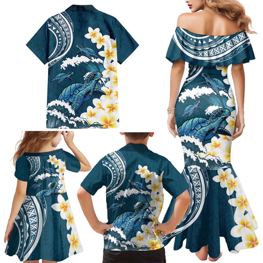 Dark Teal Polynesia Family Matching Mermaid Dress and Hawaiian Shirt Polynesian Frangipani With Sea Turtles