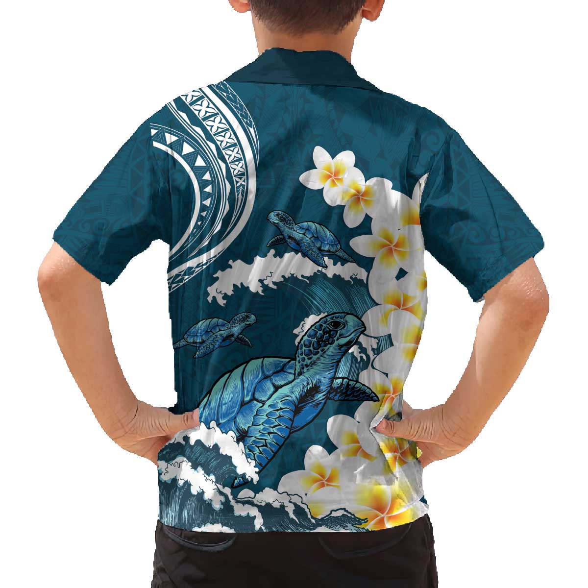 Dark Teal Polynesia Family Matching Off The Shoulder Long Sleeve Dress and Hawaiian Shirt Polynesian Frangipani With Sea Turtles LT14 - Polynesian Pride